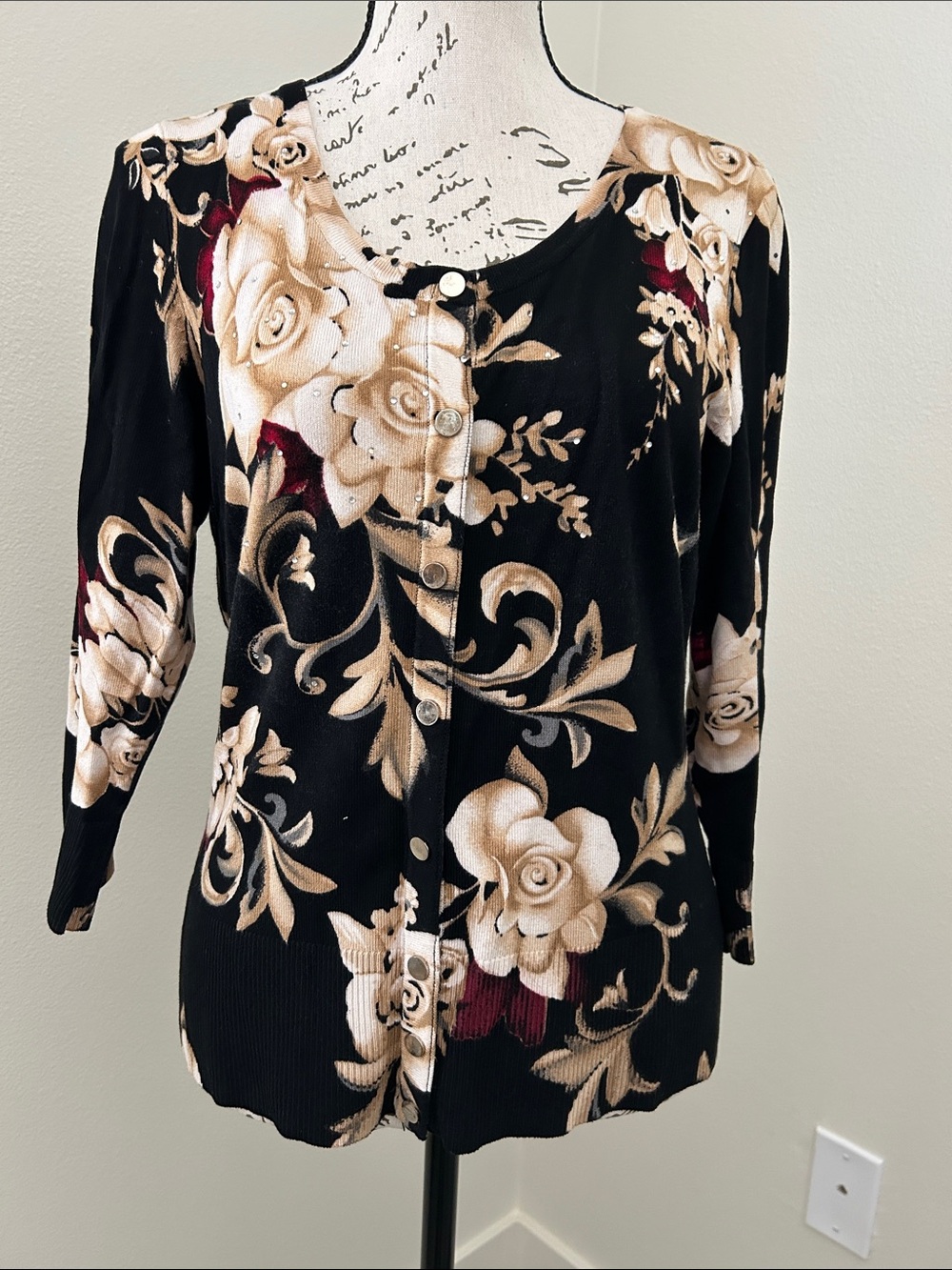 WHBM Black Floral Snap-Front Sweater